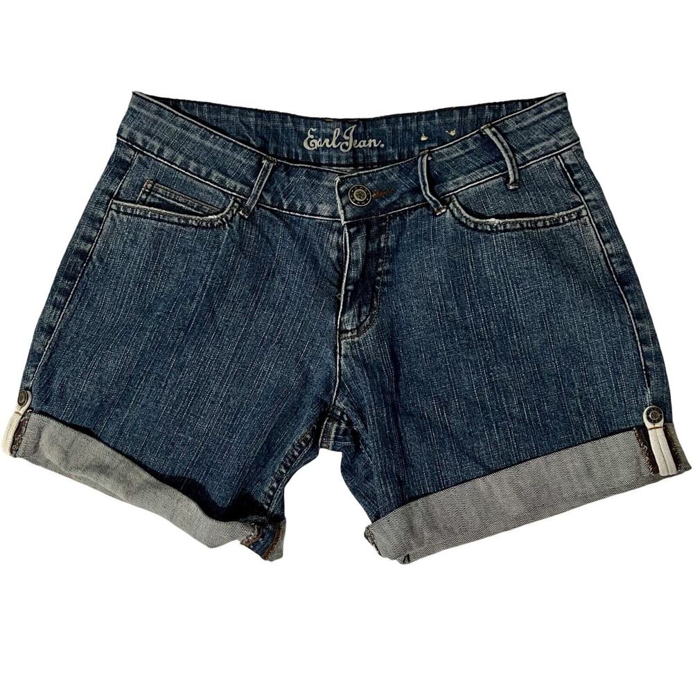 Earl Jean Denim Shorts Womens Size 6 Blue Low Rise Cuffed Hem Pockets Stretch